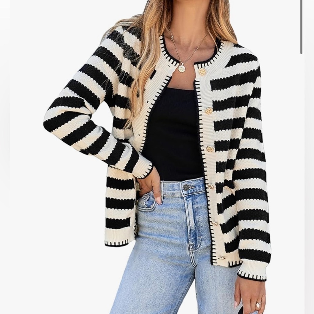 Black & White striped gold button down cable knit soft quiet luxury cardigan L